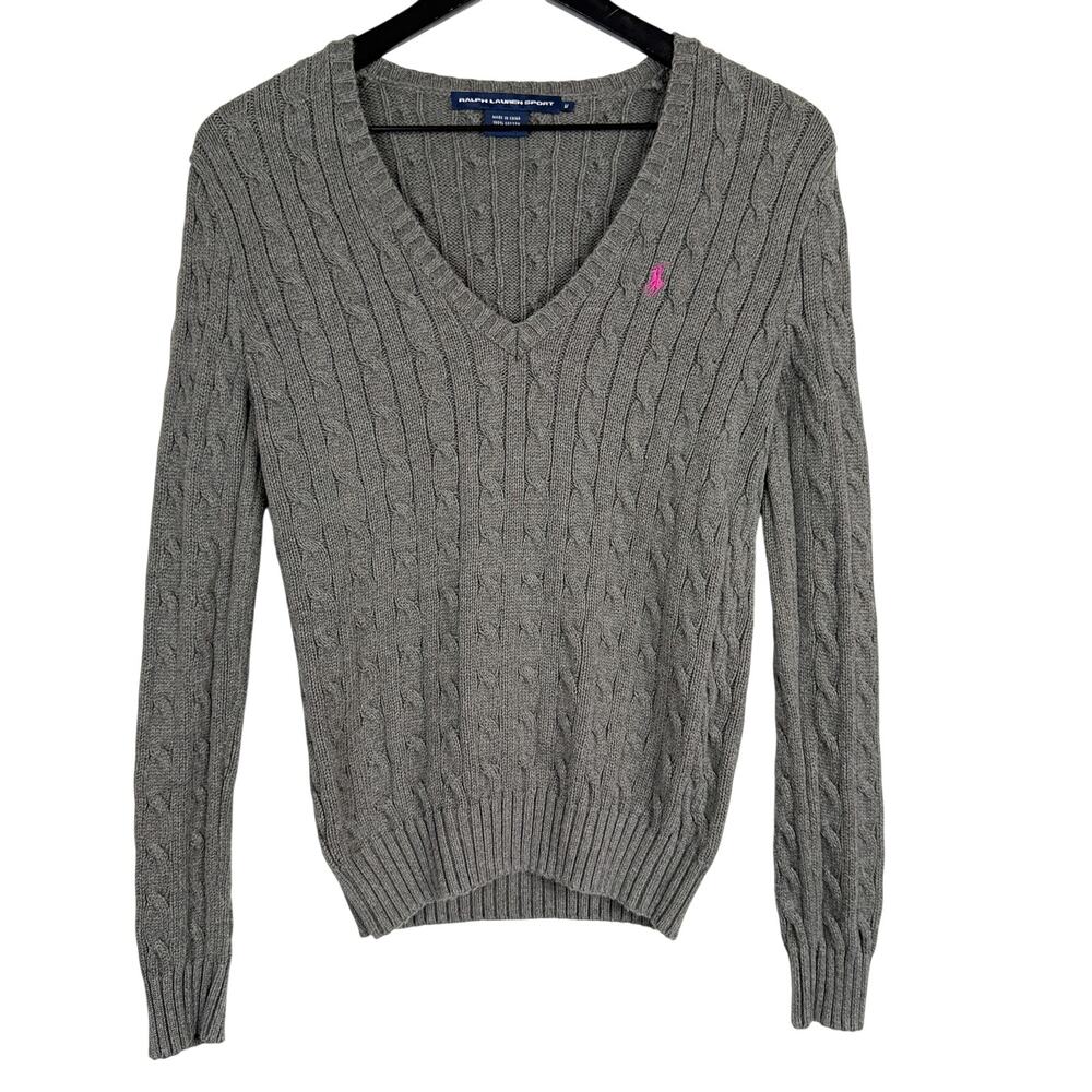 Ralph Lauren Sport Womens Cable Knit V-Neck Sweater Gray Pink Logo - M